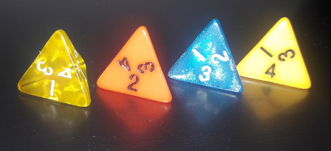 Four 1d4 dice showing 1, 2, 3, 4 rolls