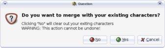 The dialog box verifying that you really want to merge characters.