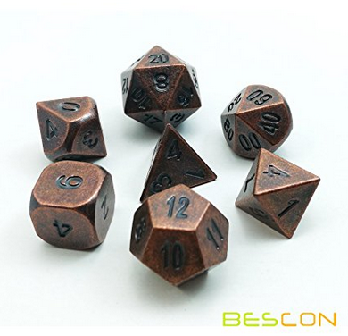 Bescon Antique Copper Solid Metal Polyhedral D&D Dice Set of 7 Old Copper Metal RPG Role Playing Game Dice 7pcs Set 