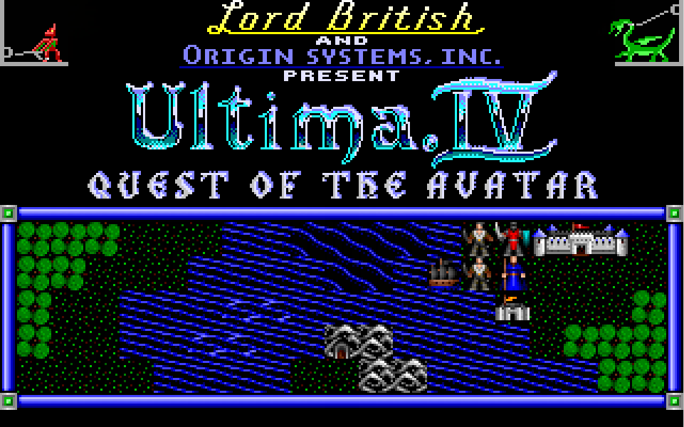 Ultima IV startup screen, showing a daemon, a dragon and a small scene with wizards, clerics, warriors fighting a boat.